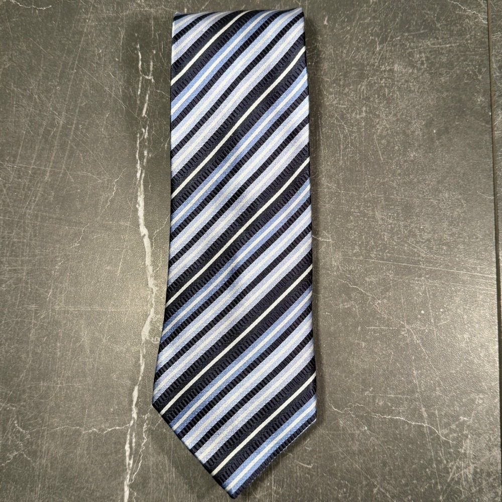 Vintage Yves Saint Laurent Pour Homme Silk Striped Necktie Blue Silver Designer